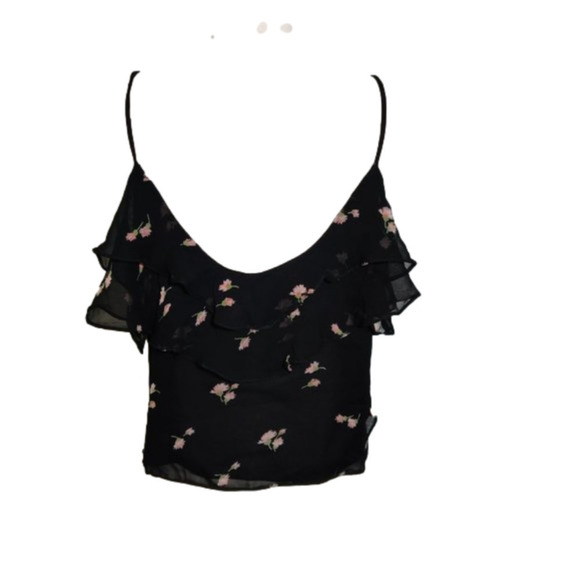 ZARA TRAFALUC black floral chiffon off shoulder top S - Picture 3 of 6